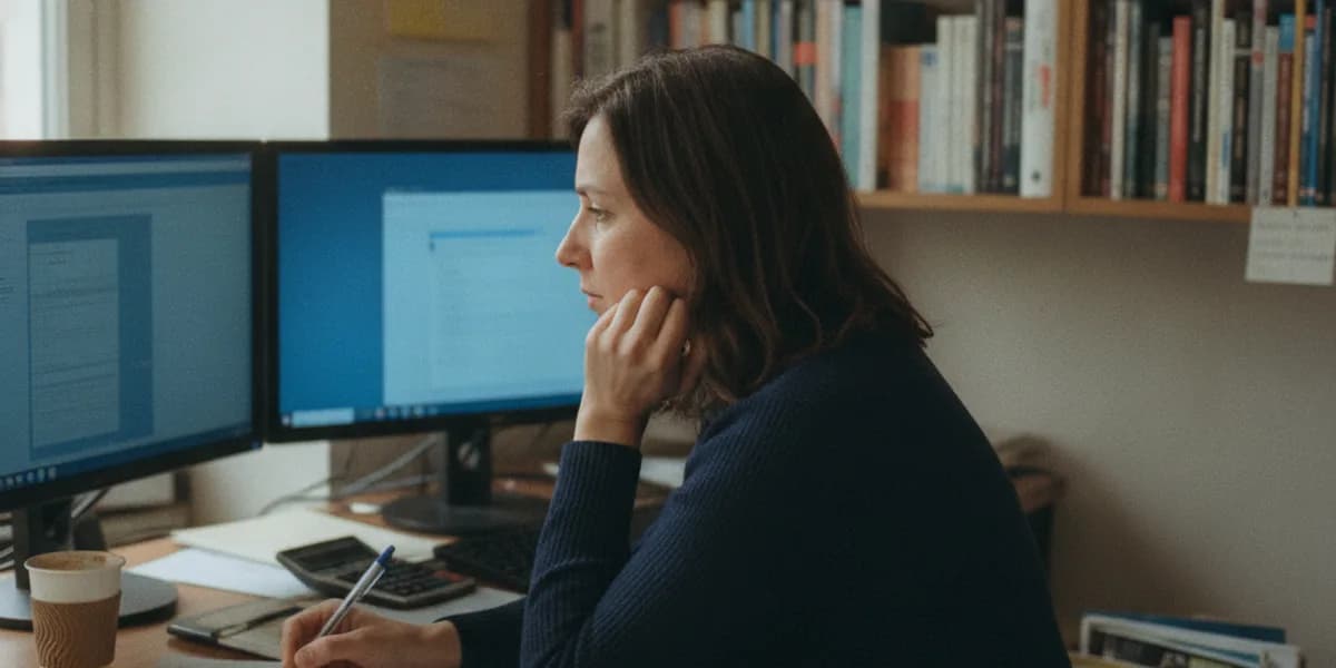 Agent de voyages travaillant efficacement avec un logiciel de gestion sur son ordinateur, laissant derrière lui un chaos de papiers et de feuilles de calcul.