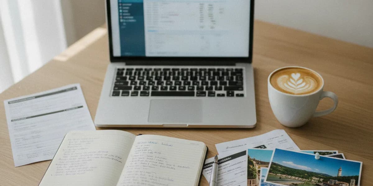 Travel agent organizing client meetings on a computer screen using management software.
