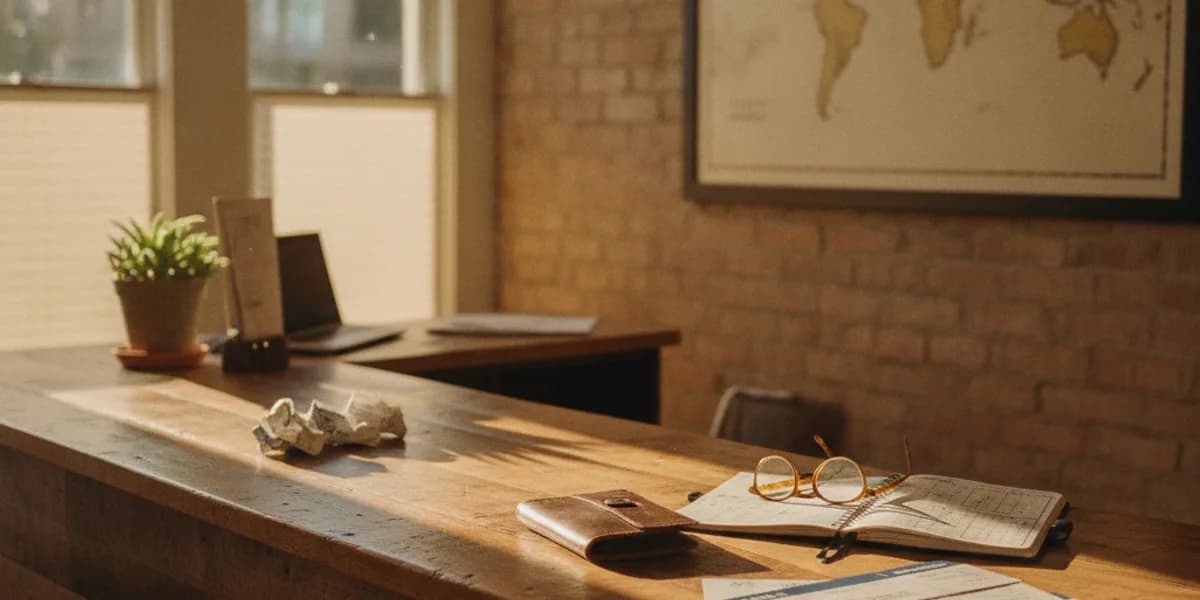 Travel agent working in a modern office with multiple screens and a CRM open in front of an old Excel spreadsheet.
